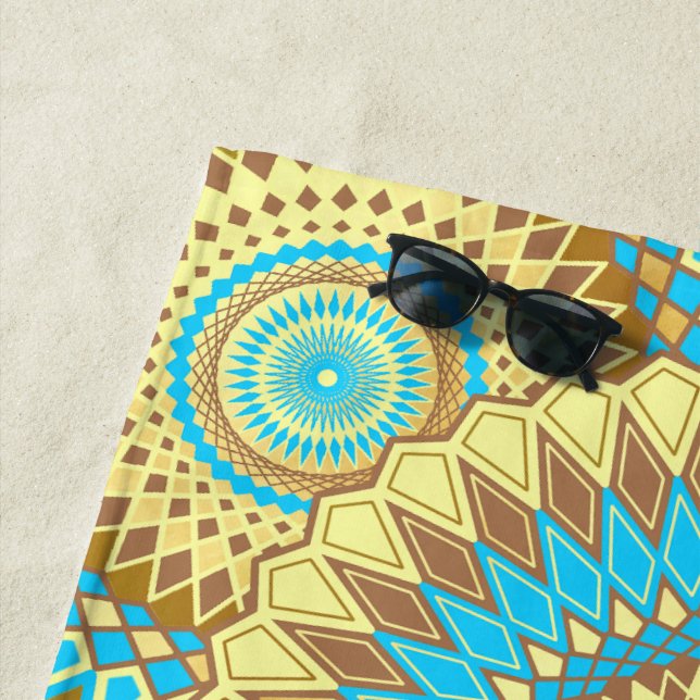 Overlapping Mandala Blue Brown Gold Beach Towel (In Situ)