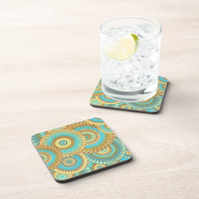 Overlapping Mandala Blue Brown Gold Coaster (Right Side)