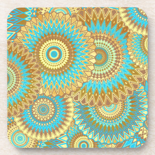 Overlapping Mandala Blue Brown Gold Coaster