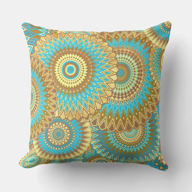 Overlapping Mandala Blue Brown Gold Cushion (Front)