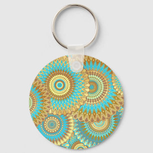 Overlapping Mandala Blue Brown Gold Key Ring