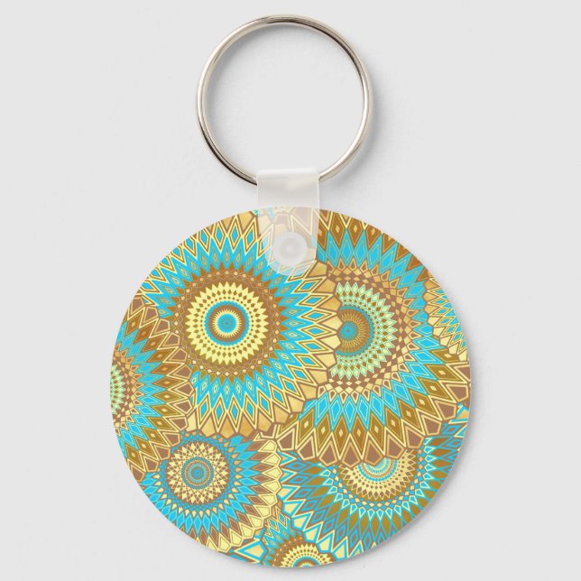 Overlapping Mandala Blue Brown Gold Key Ring (Front)