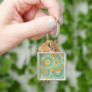 Overlapping Mandala Blue Brown Gold Key Ring