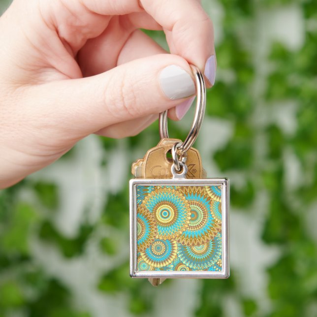 Overlapping Mandala Blue Brown Gold Key Ring (Hand)