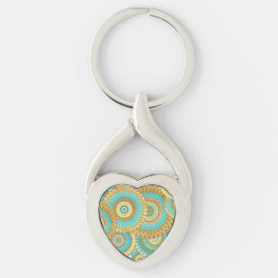 Overlapping Mandala Blue Brown Gold Key Ring
