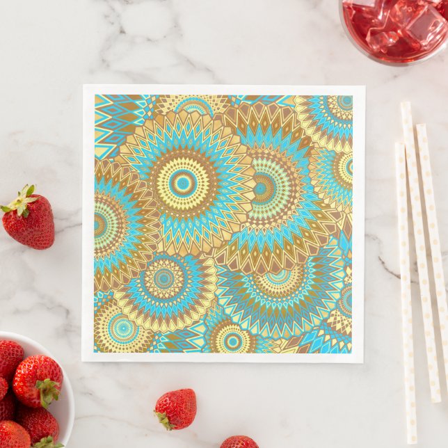 Overlapping Mandala Blue Brown Gold Napkin (Insitu)