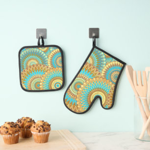 Overlapping Mandala Blue Brown Gold Oven Mitt & Pot Holder Set