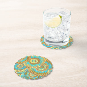 Overlapping Mandala Blue Brown Gold Paper Coaster