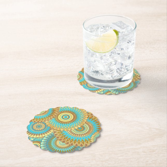 Overlapping Mandala Blue Brown Gold Paper Coaster (Insitu)