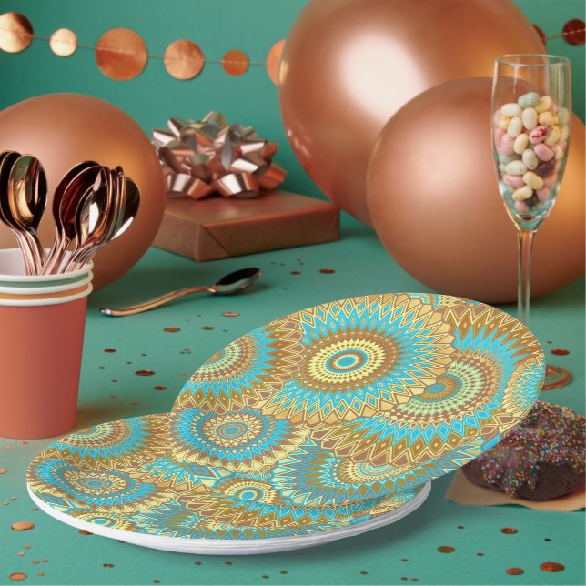 Overlapping Mandala Blue Brown Gold Paper Plate (Multi)