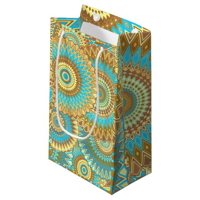Overlapping Mandala Blue Brown Gold Small Gift Bag (Front Angled)