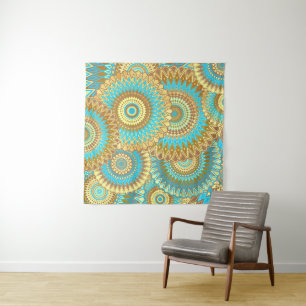 Overlapping Mandala Blue Brown Gold Tapestry
