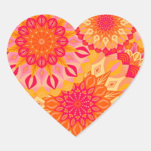Overlapping Mandala Orange Pink Yellow Heart Sticker