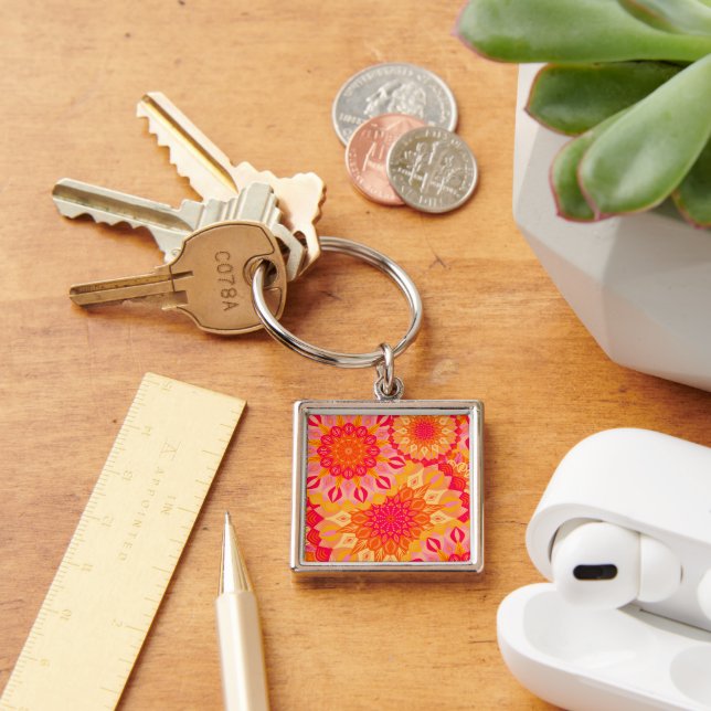 Overlapping Mandala Orange Pink Yellow Key Ring (Desk)