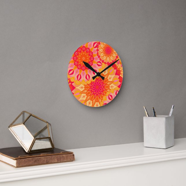 Overlapping Mandala Orange Pink Yellow Round Clock (Office)