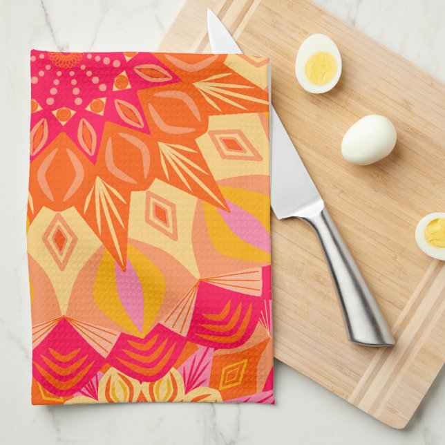 Overlapping Mandala Orange Pink Yellow Tea Towel (Quarter Fold)