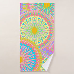 Overlapping Mandala Pink Blue Yellow Mint Purple Bath Towel
