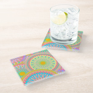 Overlapping Mandala Pink Blue Yellow Mint Purple Glass Coaster