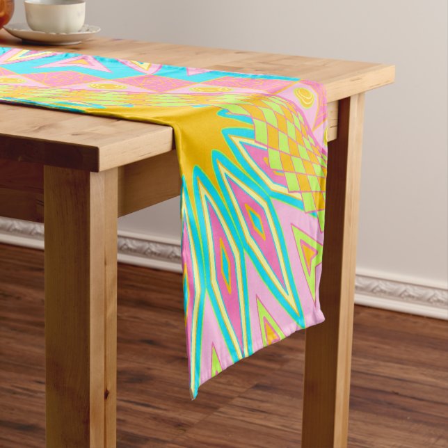 Overlapping Mandala Pink Blue Yellow Mint Purple Short Table Runner (In Situ)