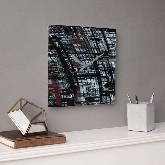 Overlapping narrow, linear cutouts intersecting on square wall clock (Office)
