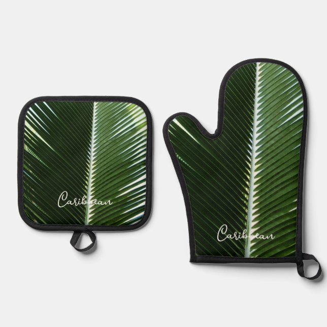 Overlapping Palm Fronds Tropical Green Abstract Oven Mitt & Pot Holder Set (Front)
