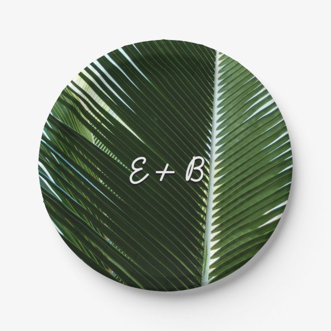 Overlapping Palm Fronds Tropical Green Abstract Paper Plate (Front)