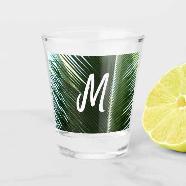 Overlapping Palm Fronds Tropical Green Abstract Shot Glass (Front)