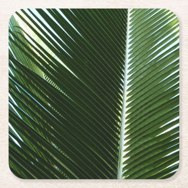Overlapping Palm Fronds Tropical Green Abstract Square Paper Coaster (Front)