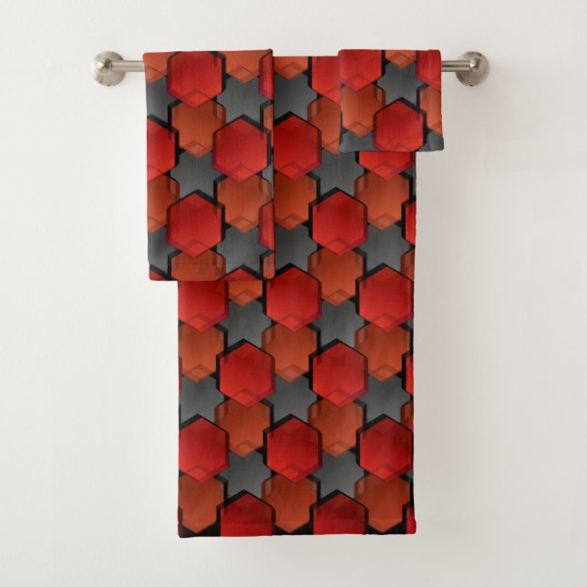 Overlapping red hexagons and 'grey star' bath towel set (Insitu)