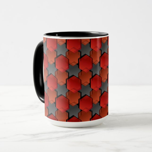 Overlapping red hexagons and 'grey star' mug (Front Left)