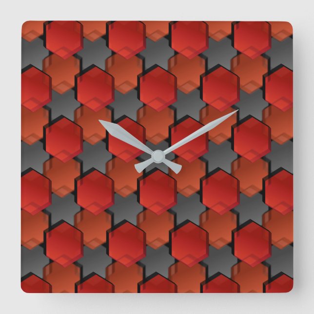 Overlapping red hexagons and 'grey star' square wall clock (Front)