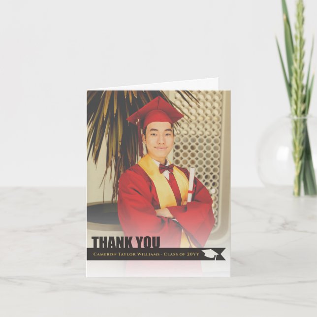 Overlay Black Ribbon Graduation Cap Cutout Photo Thank You Card (Front)