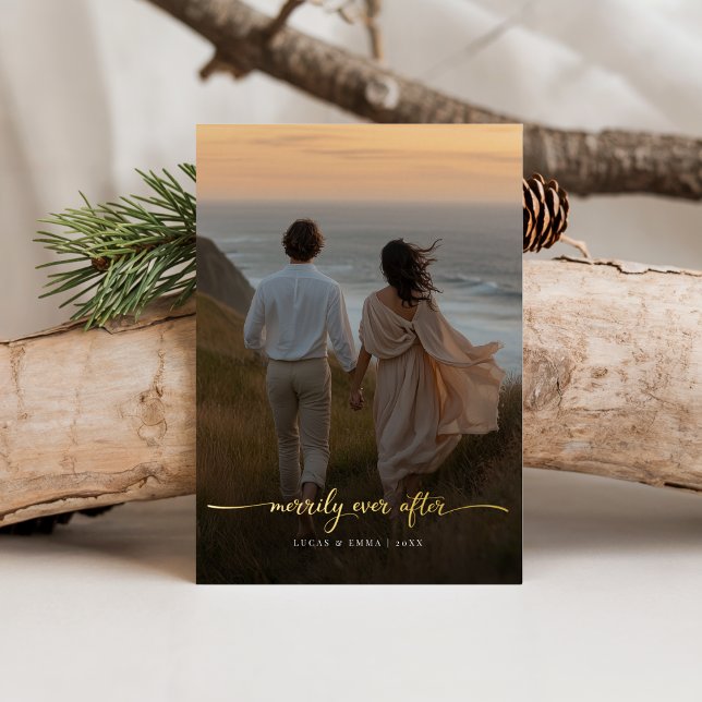 Overlay Cliffside Photo Merrily Ever After Wedding Foil Holiday Card (Creator Uploaded)