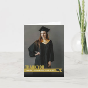 Overlay Gold Ribbon Graduation Cap Cutout Photo Thank You Card