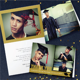 Overlay Gold Ribbon Graduation Cap Modern 3 Photo Thank You Card