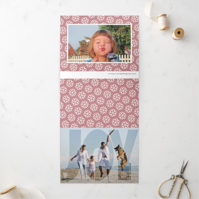 Overlay joy Christmas holiday dusty rose photo Tri-Fold Holiday Card (Outside)