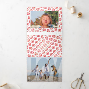 Overlay joy Christmas holiday red photo Tri-Fold Holiday Card