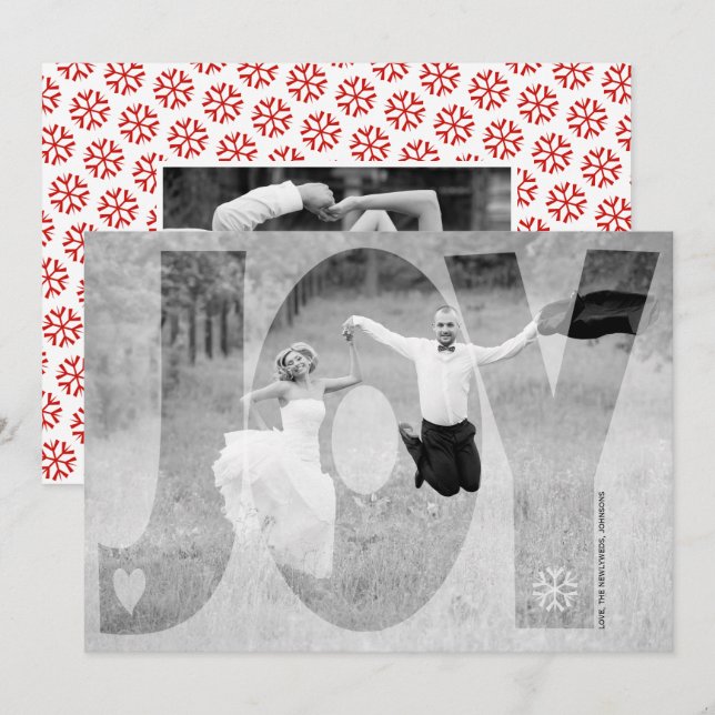 Overlay joy newlyweds Christmas red photo card (Front/Back)