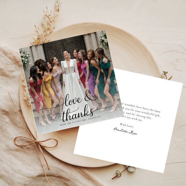 Overlay Photo Love & Thanks Script Bridal Shower  Thank You Card (Creator Uploaded)