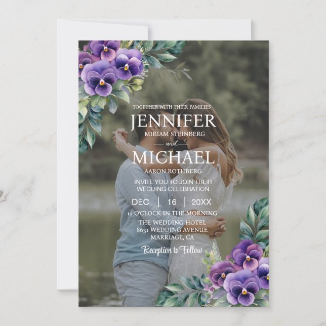 Overlay Portrait Picture Photo QR Pansies Wedding Invitation (Front)