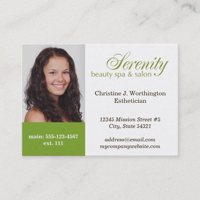 Oversize green custom headshot company logo business card (Front)
