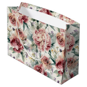 Oversized Botanical Print Pink Roses Peonies Large Gift Bag