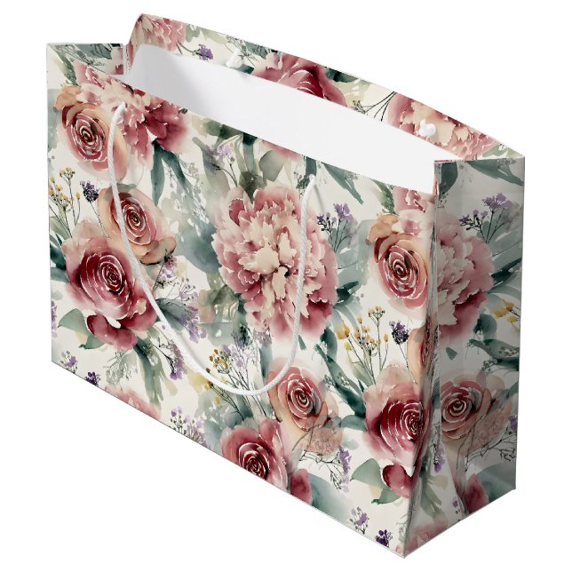 Oversized Botanical Print Pink Roses Peonies  Large Gift Bag (Back Angled)