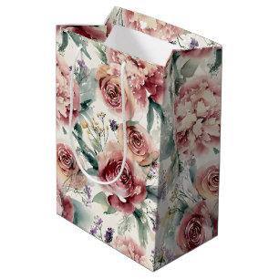 Oversized Botanical Print Pink Roses Peonies  Medium Gift Bag