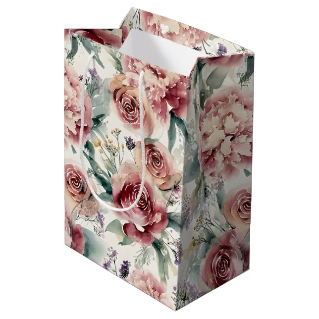 Oversized Botanical Print Pink Roses Peonies  Medium Gift Bag (Back Angled)