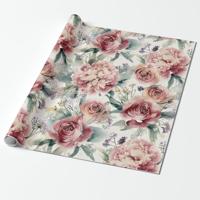 Oversized Botanical Print Pink Roses Peonies  Wrapping Paper (Unrolled)