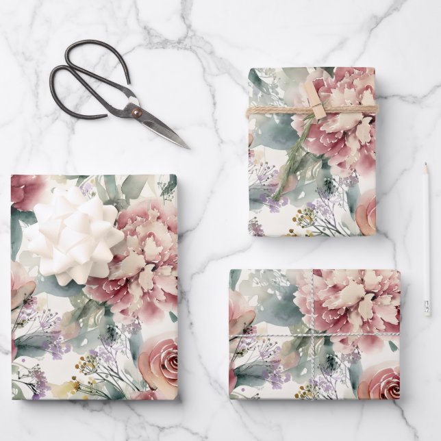 Oversized Botanical Print Pink Roses Peonies  Wrapping Paper Sheet (Front)