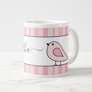 Oversized Cute Bird Pink Stripe Personalised Large Coffee Mug