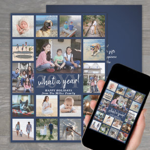Oversized Photo Collage What a Year Navy and White Holiday Card