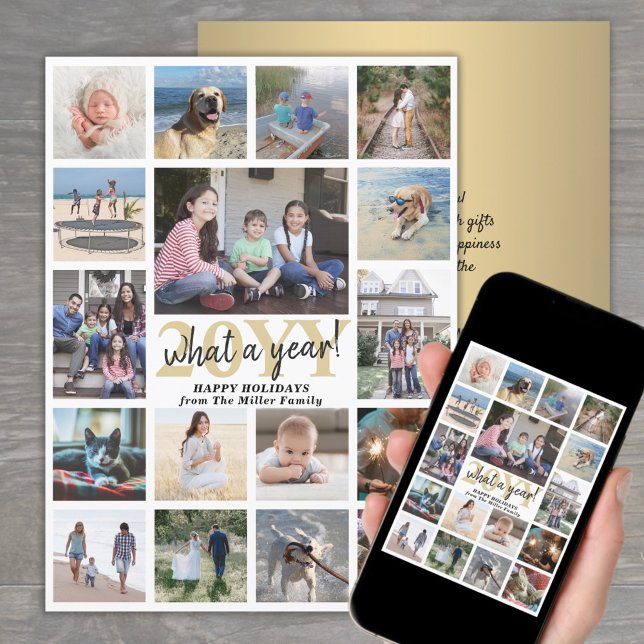Oversized What a Year Photo Collage Gold and White Holiday Card (Creator Uploaded)